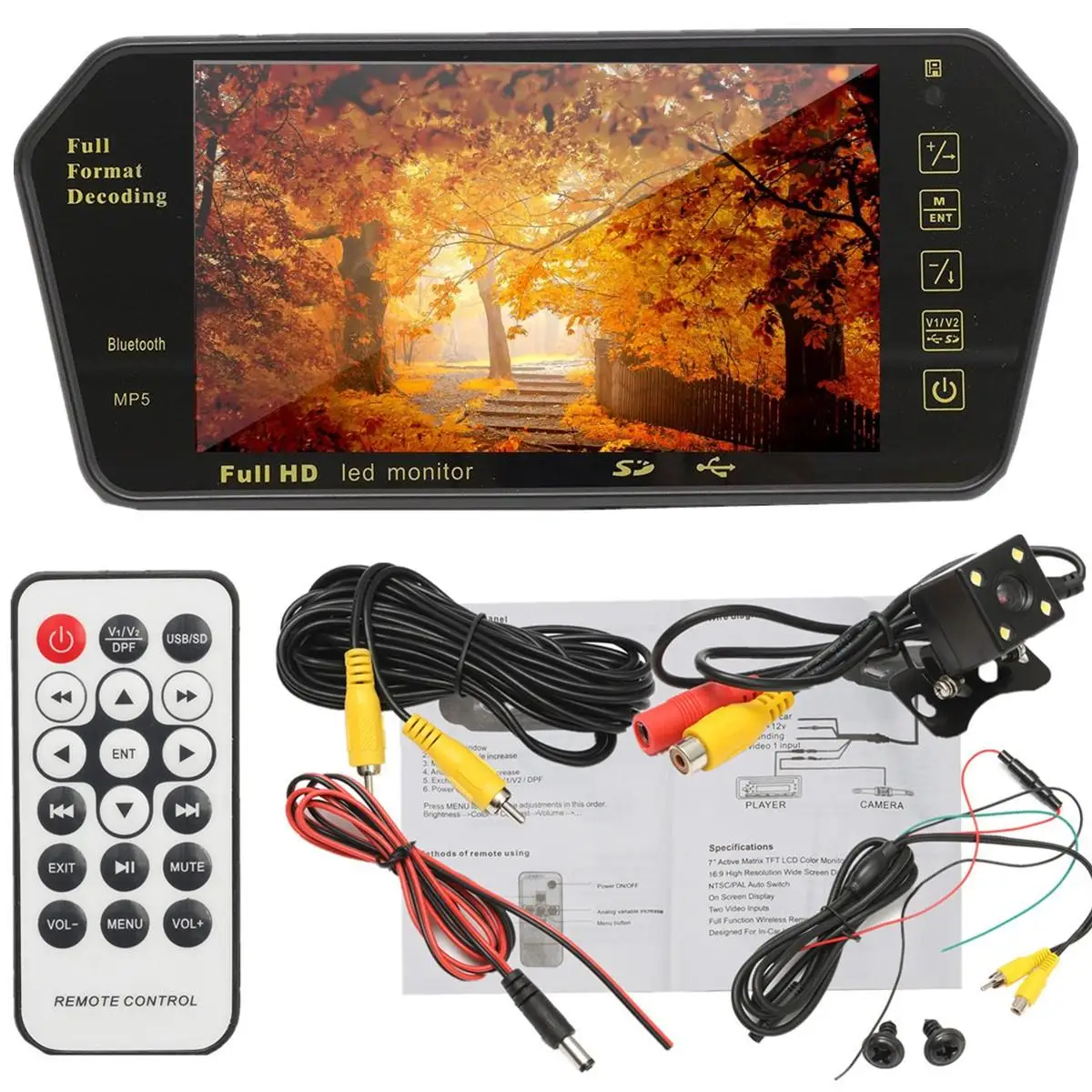 

7 Inch TFT LCD Bluetooth Car MP5 Player Parking Rear View Mirror Monitor + Backup Reversing Assistant HD Waterproof Camera