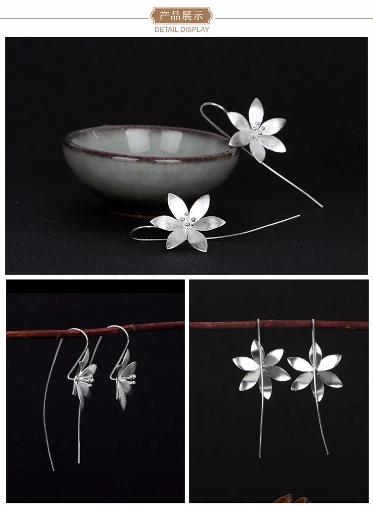 Настоящее 925 пробы Серебряные длинные серьги в форме цветка лотоса для женщин модные серьги из стерлингового серебра