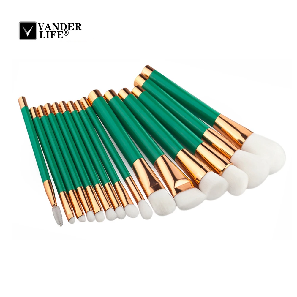 VANDER LIFE 15Pcs/set Green Makeup Brushes Set Kit Professional Foundation Brush Tool Beauty