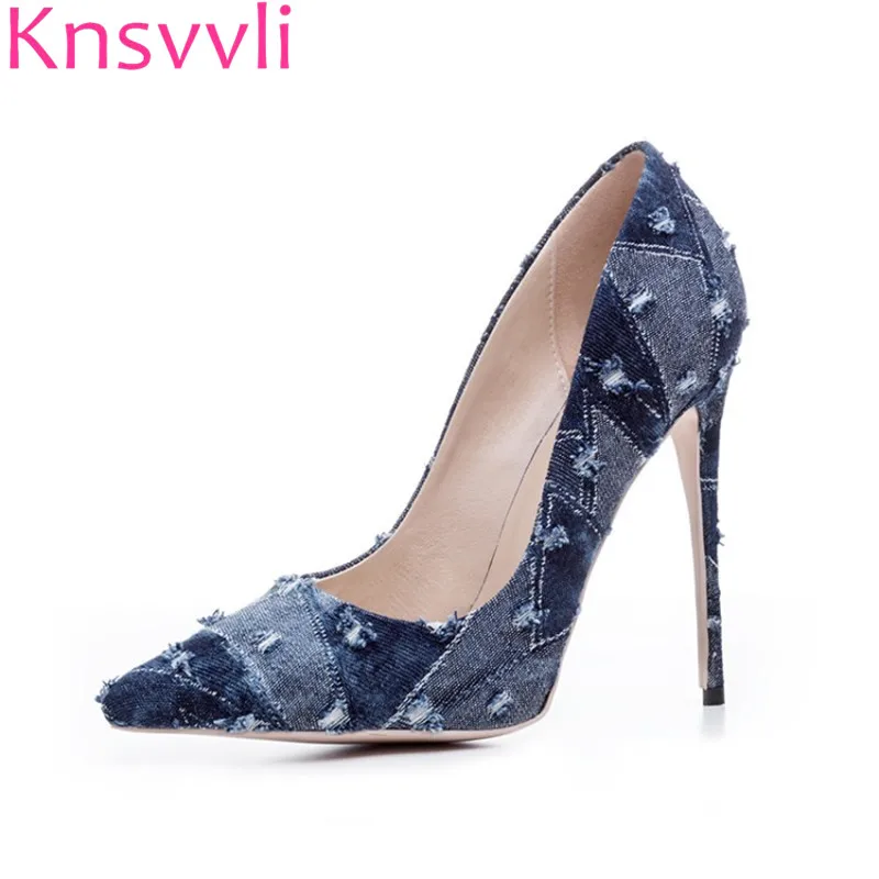 

Denim fashion pointy toe hole women shoes high heel mixed color sexy Shallow mouth stiletto feminino 12 cm three-colour