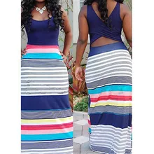 Новые модные Для женщин женские вечерние Boho пикантные летние пляжные длинные макси-сарафан хлопковые полосатые