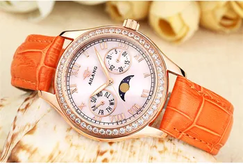 

Multi-functional Women Quartz Dress Watches Moon Phase Candy Colors Leather Wrist watch Sparkly Crystals Leisure Timepiece W025