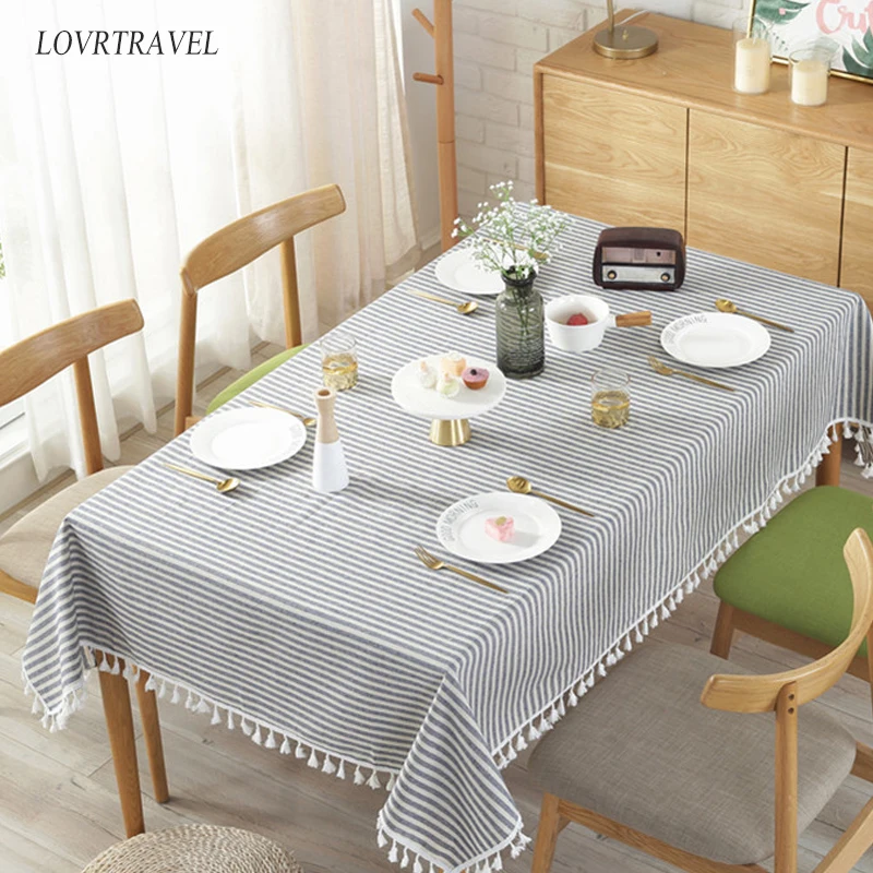 

Blue striped decorative cloth linen cotton tablecloth household table cover dustproof washable Tassel Iace Rectangle Tablecloth