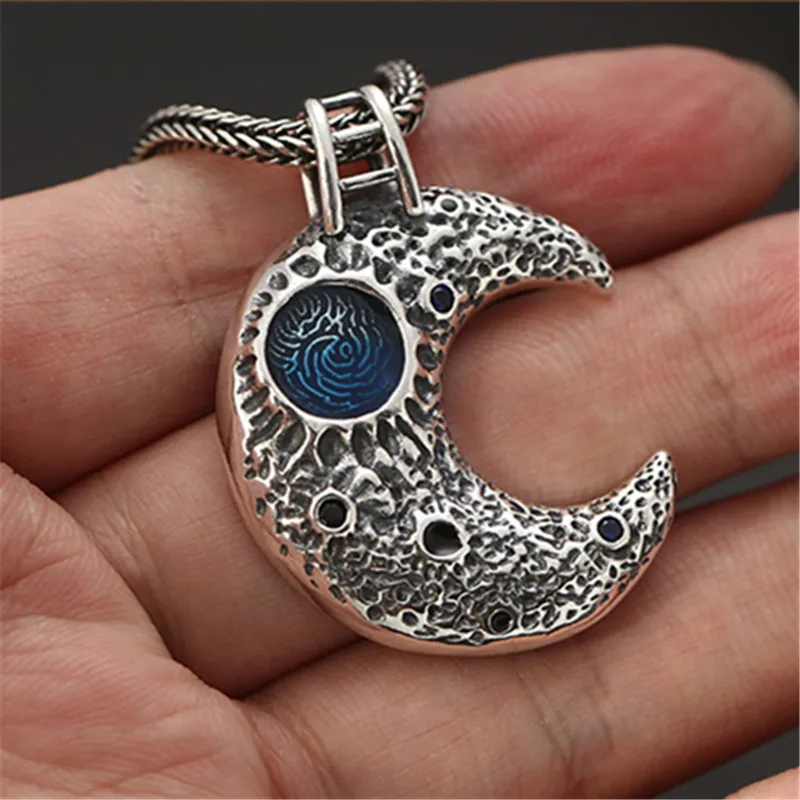 

Oxide 925 Sterling Silver Galaxy Pendant For Necklace Set Blue Stone Pure Thai Silver Moon Pendant Cool 925 Jewelry Accessory