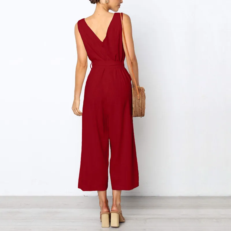 yashangyi One Piece Jumpsuit Women 2019 Summer Button Rompers Femme V-Neck Sleeveless Backless Clothing Overalls With Belt
