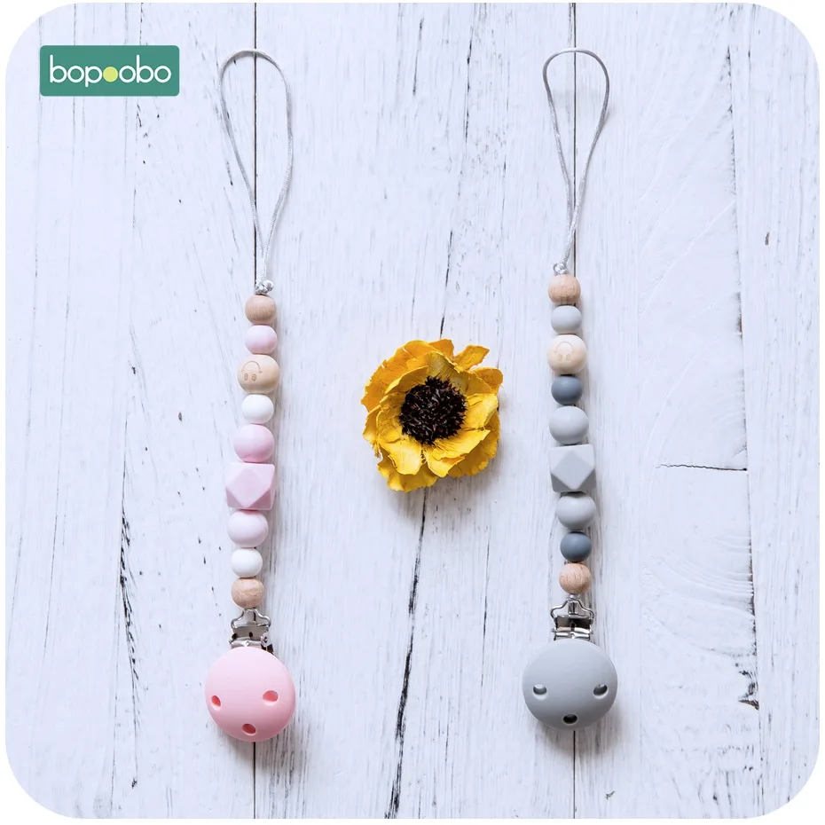 

Bopoobo 1PC Wooden Smiley Beads Silicone Teethers Bpa Free Dummy Clip Pacifier Natural Wood Jewelry Making For Teeth Clip Chains
