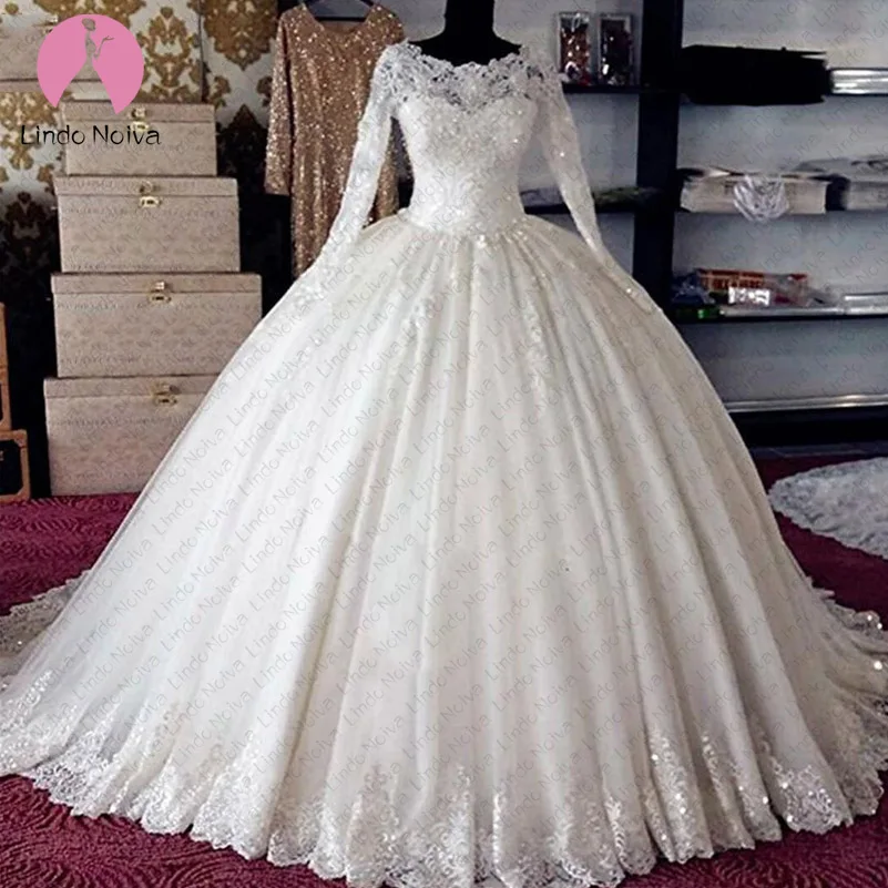 Свадебное платье с длинным рукавом Vestido De Noiva белое кружевное аппликацией большие