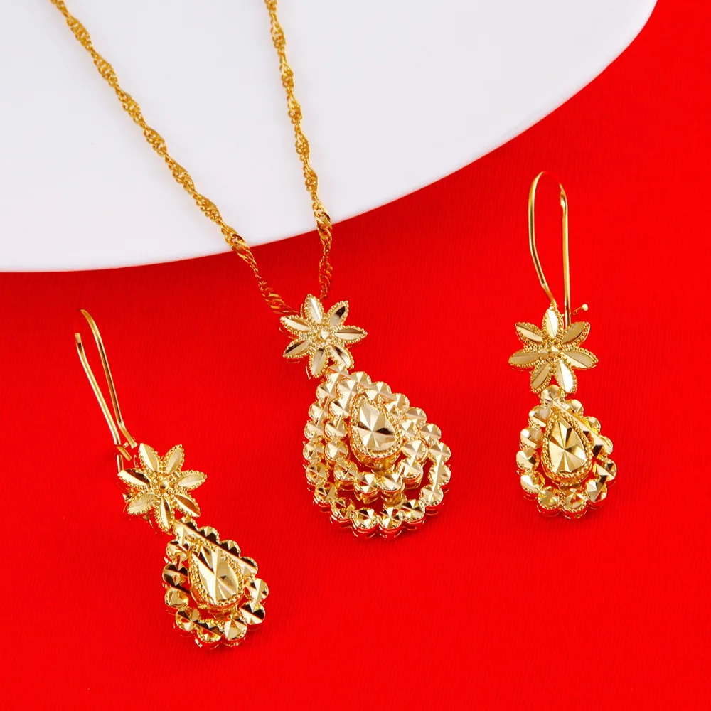 

Flower African Dubai Bride Jewelry Sets 24K Gold Color Necklace Earrings Pendant Jewelry Gifts