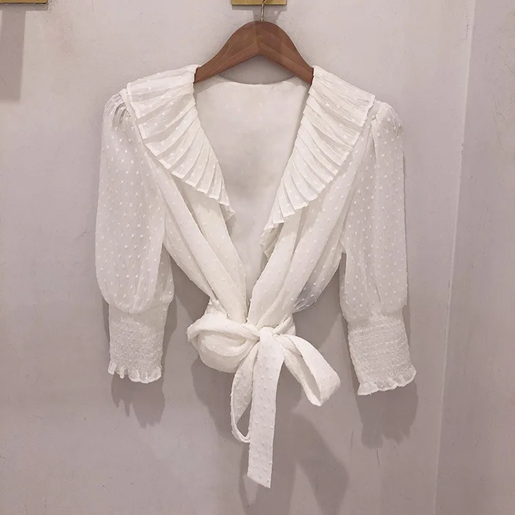 

2019 Spring New V-Collar Lace Decoration Shown with Fresh Women Short Shirt Turn-down Collar Sashes Chiffon Blouses Shirt Women