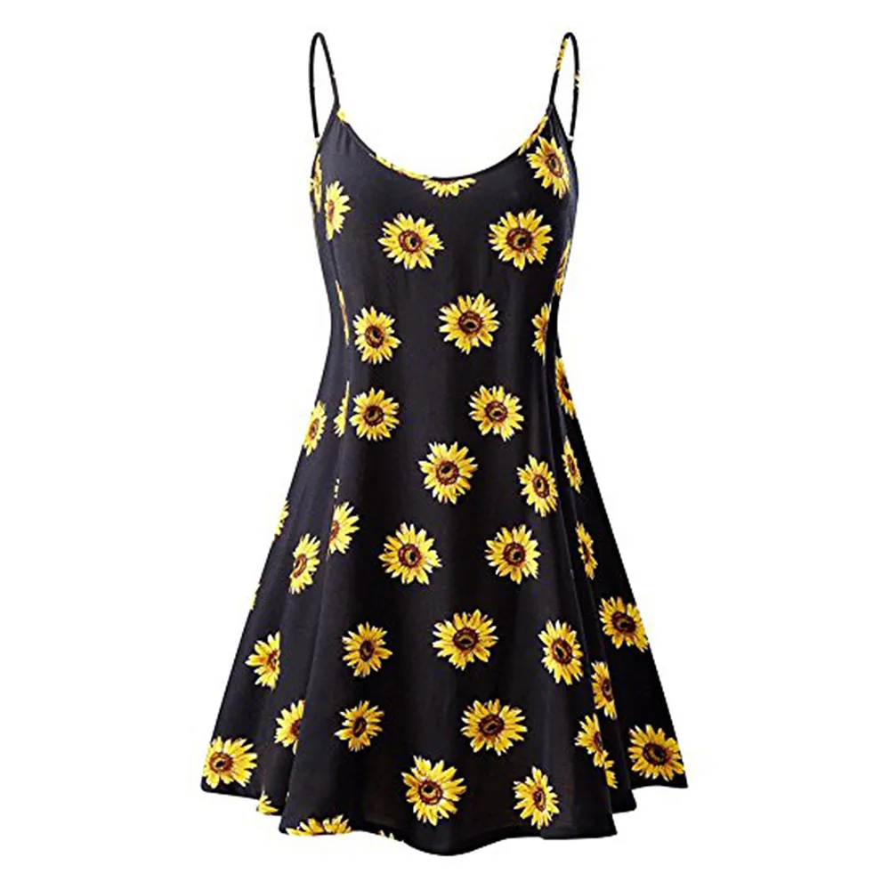 

2019 New Dress Women Sexy Dress Vintage Printed Sleeveless Strappy Summer Dress Beach Swing Camis Fashion Dress Girl