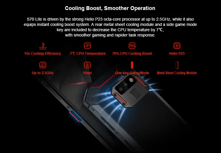 DOOGEE S70 LITE 4GB RAM 64GB ROM Helio P23 MTK6763T 2.5GHz Octa Core 5.99 Inch IPS Corning Gorilla Glass 4 FHD+ Screen Dual Camera IP68 IP69K Waterproof Android 8.1 4G LTE Smartphone