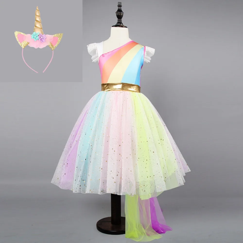 

Party Fancy Girls Princess Dress Children Clothes Unicorn Headwear Cosplay Dresses Rainbow Tutu Dresse Kids Wedding Dresses