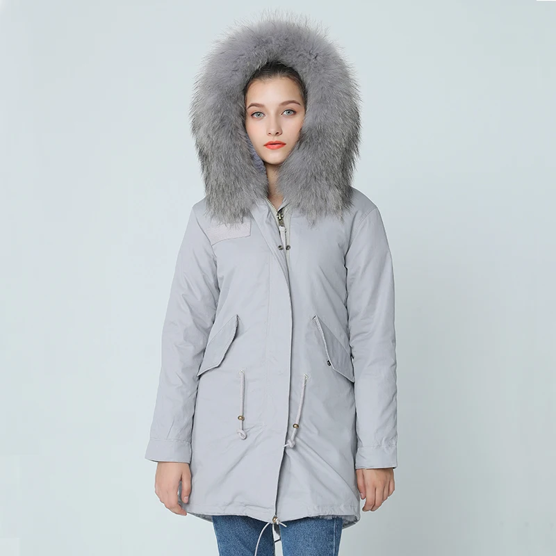 Женская куртка с капюшоном OFTBUY серая парка натуральным большим светло розовым