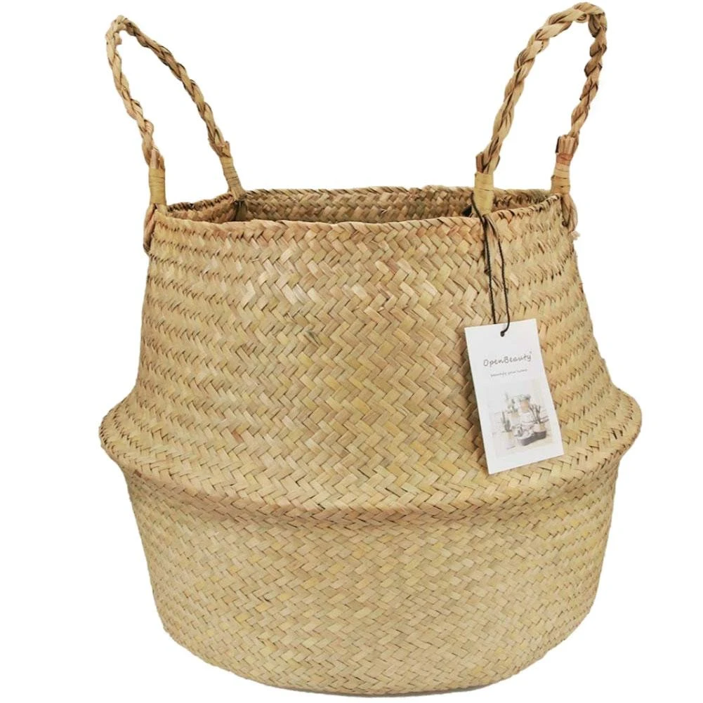 Seagrass Hand-Woven Flower Baskets,Weaving Foldable Nordic Style Big-Bellied Straw Woven Storage Bucket Toy Sundries Clothes Plants Basket for Home Grey S