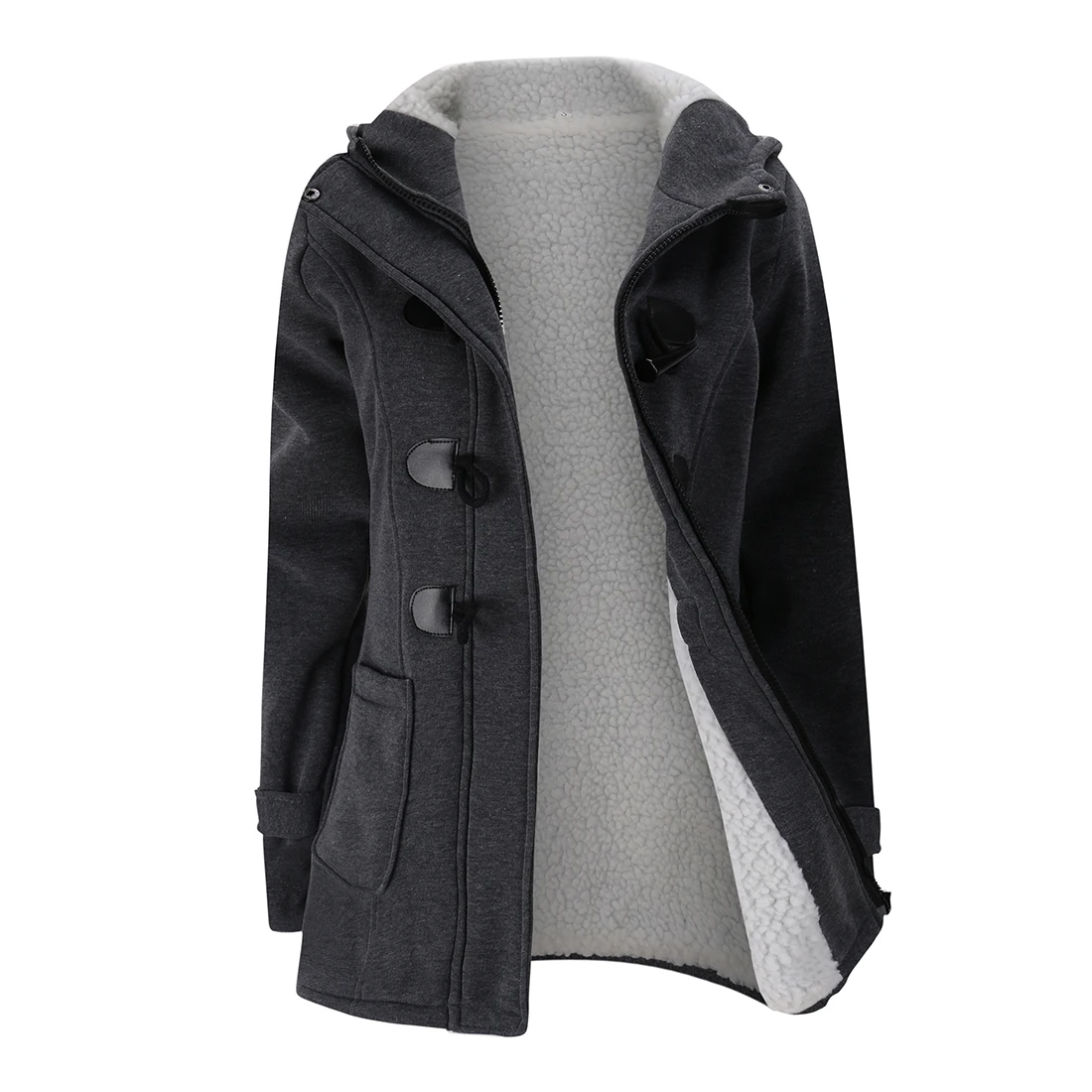 

Women's Fashion Trench Coat Autumn Thick Lining Winter Jacket Overcoat Female Casual Long Hooded Coat Zipper Horn Button