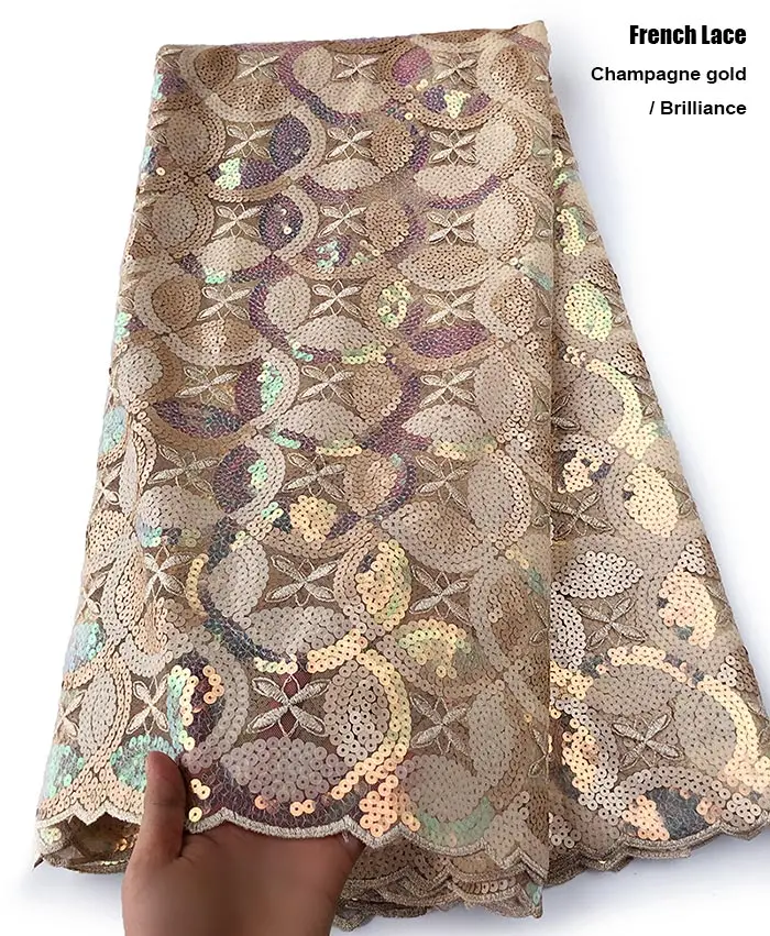 Блестящий топ с блестками класс Африканский Французский кружевной ткани богатый Свадебный праздник шитье платье Ткань 5 ярдов Высокое качество - Цвет: champagne