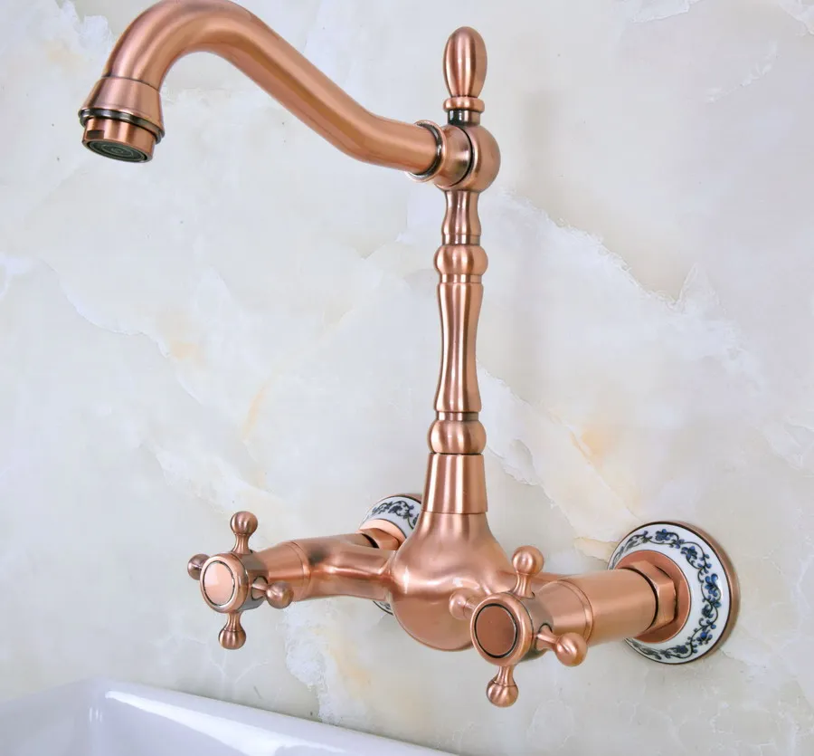 Antique Red Copper Brass Wall Mounted Bathroom Kitchen Sink Faucet Swivel Spout Mixer Tap Double Cross Handles Levers anf943