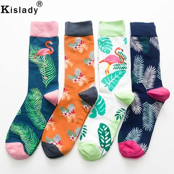 

2019 Autumn Winter Women's Mid Tube Socks Men Flamingo Personality Long Socks High Quality Ethnic Crane Cotton Socks Thigh Socks