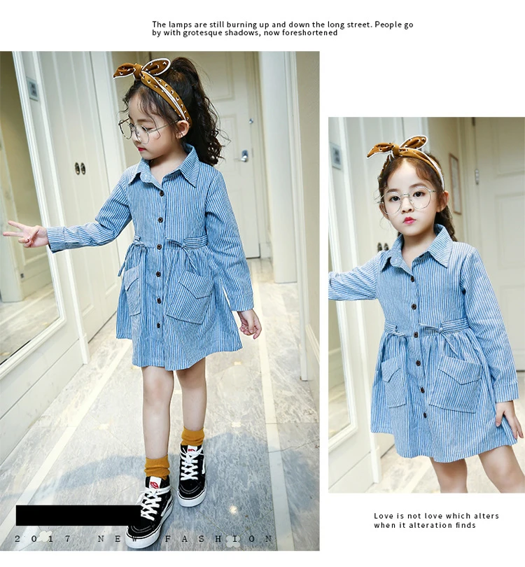 Baby Dress Girls Children's Toddler Girls  College style leisure Washed denim Long sleeve Collect waist stripe shirtdress for 3-14Y kids clothing (9)
