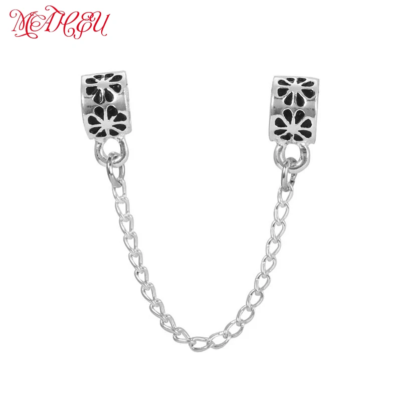 

MaHeu Silver Safety Chain Double Heart/Double Flower Beads Charms With Clips Locks Fit Bijoux Bracelets&Bangles Jewelry Making