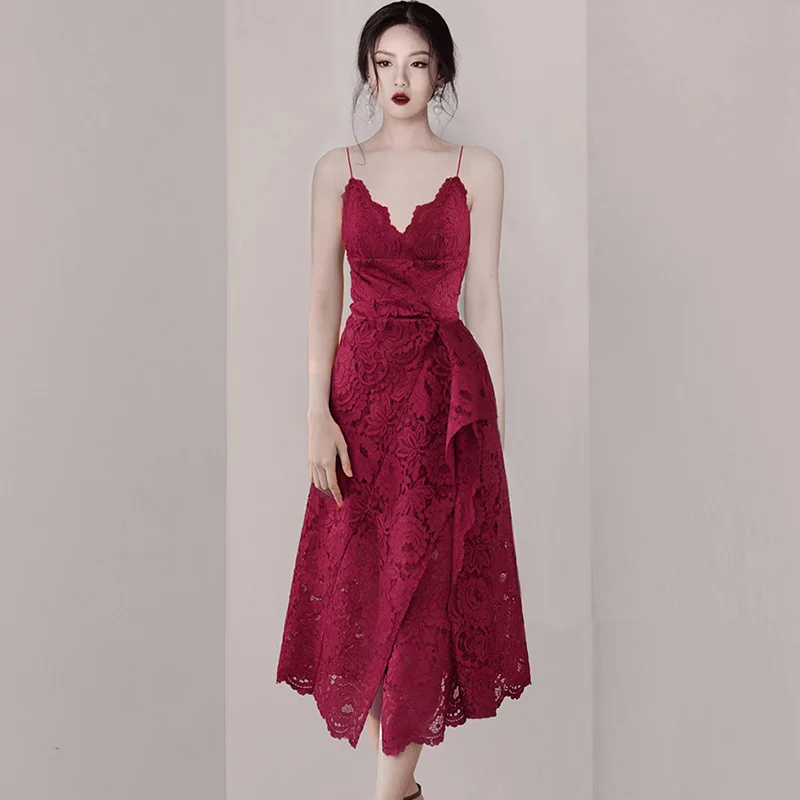 

Red Vintage Sexy Spaghetti Strap Long Lace Dress Women Summer High Street A-line Party Dresses Special Occasion Swing Vestidos