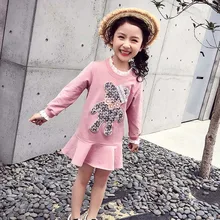 Новое поступление, Осеннее модное платье с длинными рукавами для девочек Детские платья с медведем