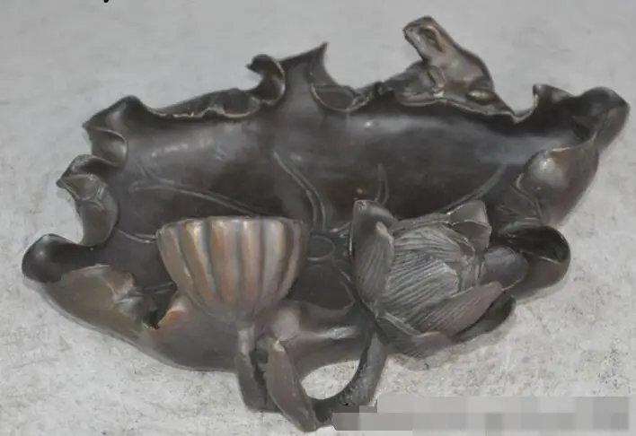 

S03977 8"china fengshui bronze animal Frog Toad Bufo lotus flower leaves Ashtray statue (B0413)