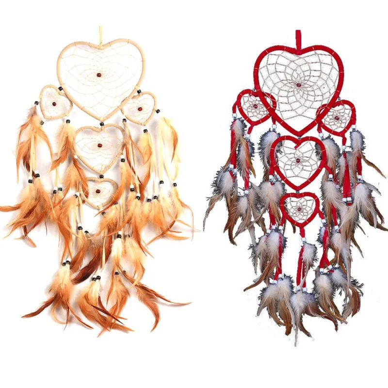 

Heart Dream Catcher Brown Red Wall Hanging With Feather Bead Ornament Decoration