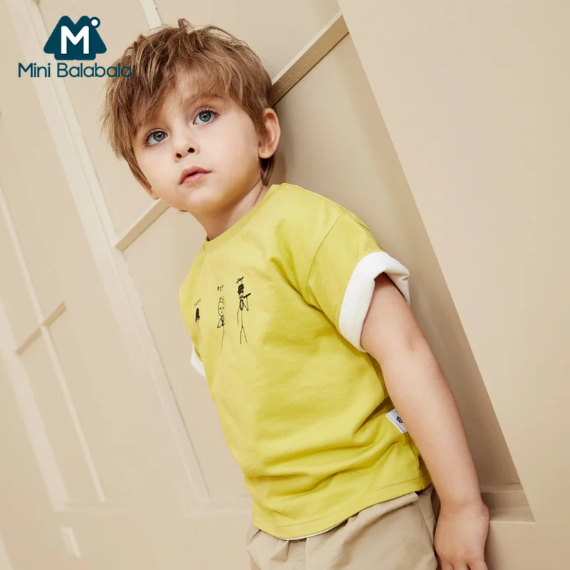 

Mini Balabala Toddler Boy 100% Soft Cotton Print Short-sleeved T-shirt Children Kid Graphic T-shirt Tee with Ribbed Crewneck