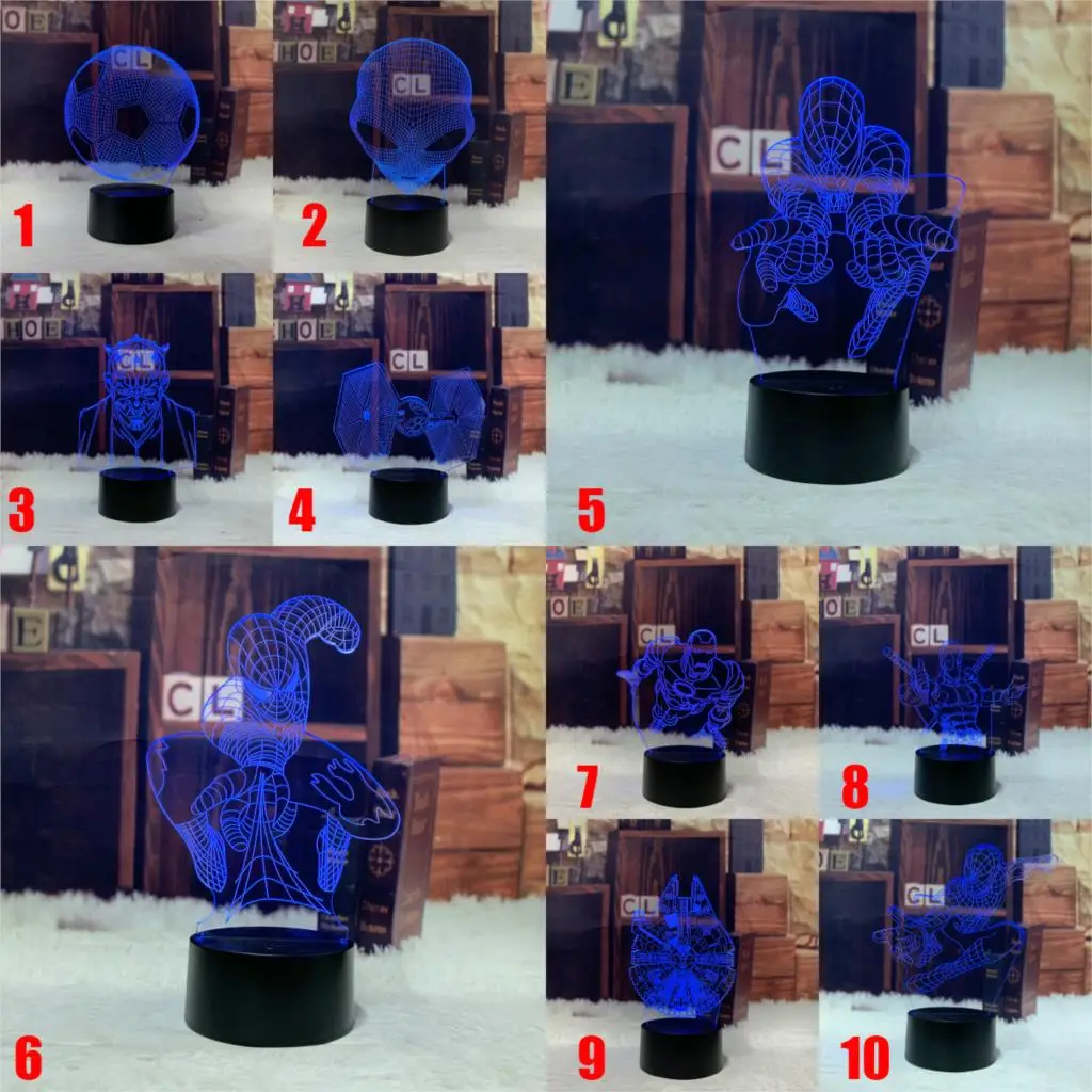 

Cartoon Marvel Spiderman Deadpool 3D LED Lamp Touch Controll USB Night Light Multicolor Illusion Flash Football Ironman Starwars