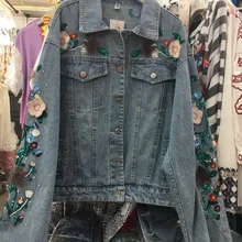 GRUIICEEN Роскошная вышитая бисером Цветочная куртка джинсовая короткая стильная однобортная свободная хлопковая джинсовая куртка GY2018121