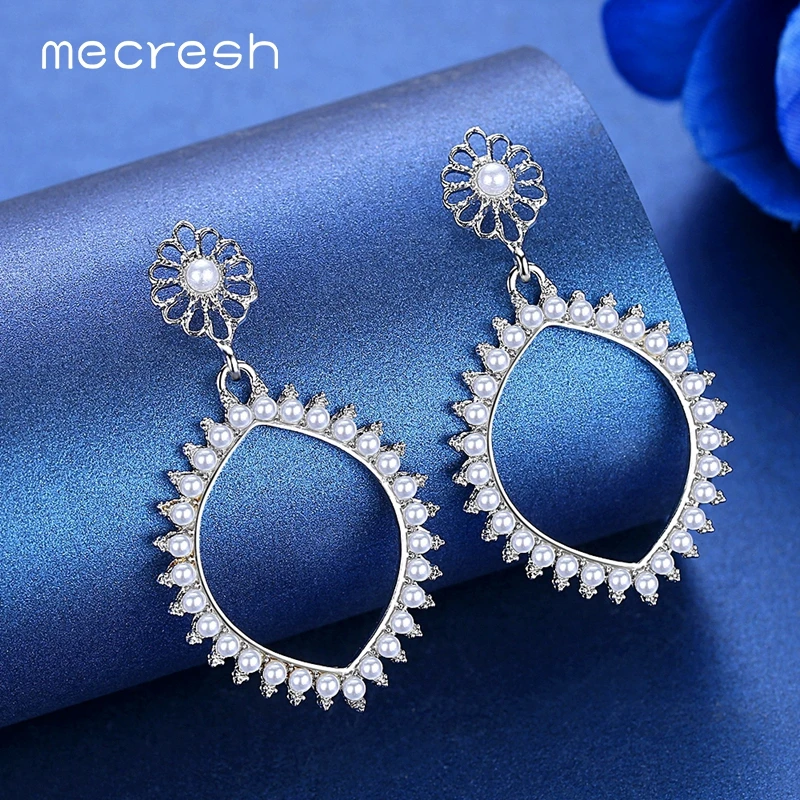 

Mecresh Korean Big Teardrop Silver Color Simulated Pearl Hanging Earrings for Bride Simple Crystal Women Wedding Earrings EH1223