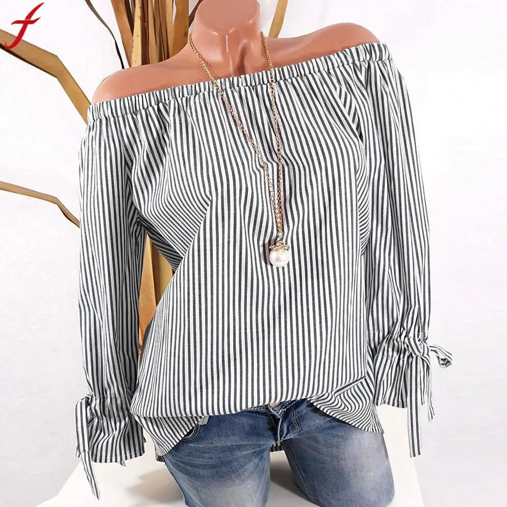 Женская рубашка с открытыми плечами, длинный рукав, в полоску, с принтом, туника большого размера, топы, осень, плюс размер, свободная женская блузка, женская блуза