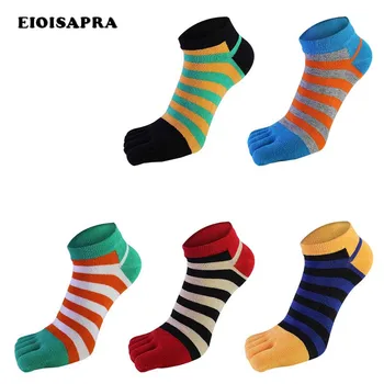 

[EIOISAPRA]Men Pure Cotton Toe Sock Breathable Absorb Sweat Striped Five Finger Socks Colorful Shining Handmade Meias