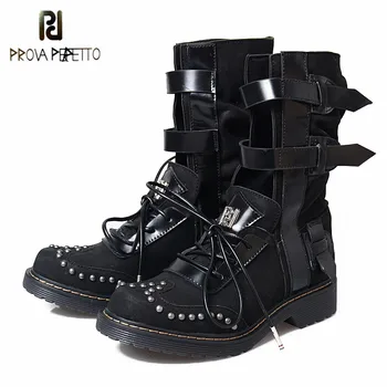 

Prova Perfetto Short Boots 2019 Autumn Newest Cross Tied Belt Buckle Rivet Mid Boot Hollow Out Hook Loop Motorcycle Shoes