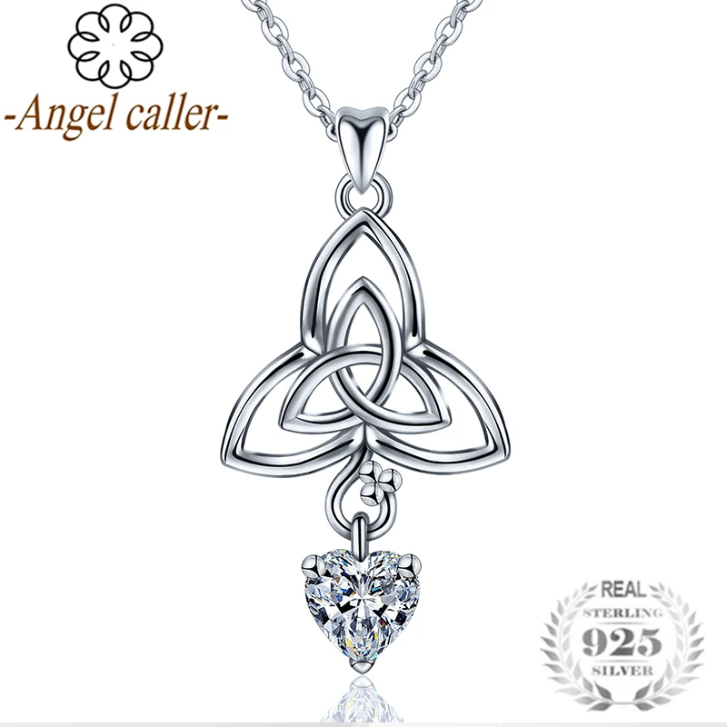 

Angel Caller Sterling Silver Tiquetra Trinity Knot Pendants Women CZ Necklace Celtics Symbol Torque Love Heart Mom Fine Jewelry
