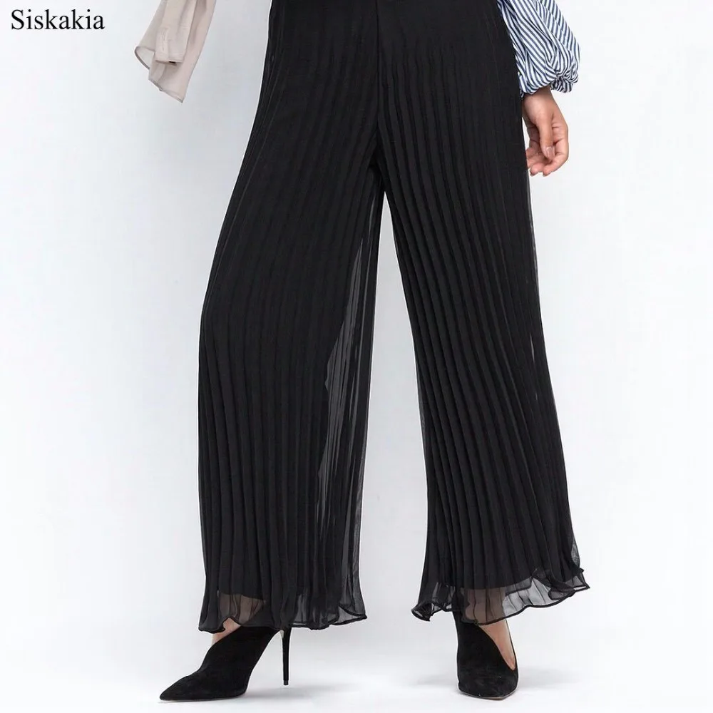 Siskakia Solid Chiffon Wide Leg Pants For Women Muslim Turkish Dubai High Waist Draped Loose Elastic Pants Ruffle 2019 New Eid  (4)