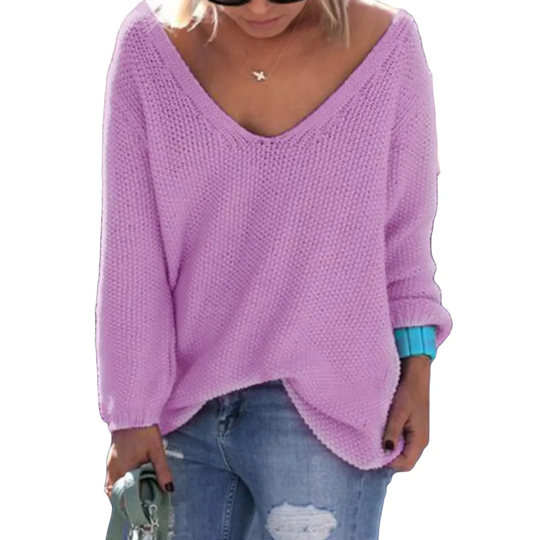 Модный женский теплый пуловер вязаный Повседневный длинный рукав глубокий v-образный Вырез Свободный большой размер сплошной цвет пуловер свитер вязаный - Цвет: Фиолетовый