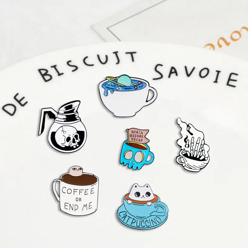 Cup and coffee skull stars Cat combination Denim Enamel lapel pins collection Badges Brooches Gifts for friend Jewelry wholesale