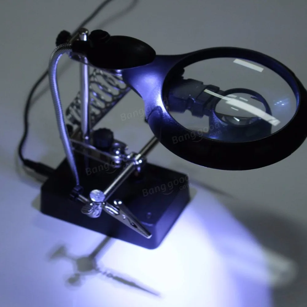Soldering Iron Stand Clamp Holder Magnifying Lens Magnifier with 5 LED
