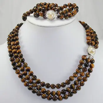 

Free Shipping Natural 3 rows 8mm Africa Roaring Tiger Eye Necklace, Bracelet 17-19"/7.5"