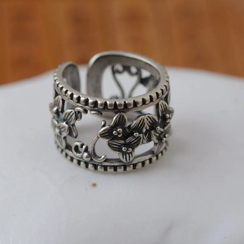 

925 Silver Flower Pattern Ring Fashion 100% Real S925 Sterling Thai Silver Rings for Women Jewelry Adjustable Size