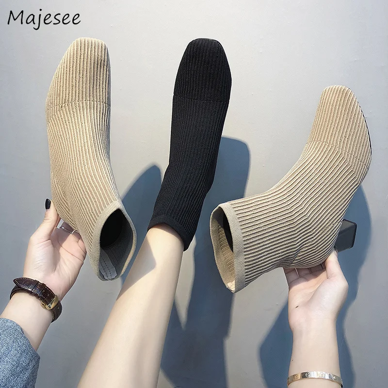 

Boots Women Stretch Fabric Square Heel Trendy New Elegant Simple Shoes Womens All-match Outdoor High Quality Korean Style Ladies