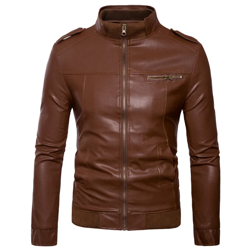  Leather jacket men's fashion horizontal zipper short slim leather jacket men's stand collar casual 