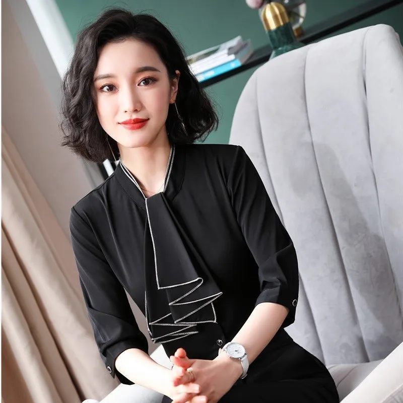 

Novelty Black Ladies Office Work Wear Chiffon Blouses and Shirts 2019 Spring Summer Fashion Casual Blouse OL Styles Clothes Tops