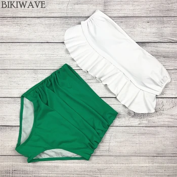 

2019 High Waist Swimwear Bikini Set Vintage Retro Sexy Push Up Swimsuit Bandage Swimwear Bathing Suit Green ruffle Beachwear