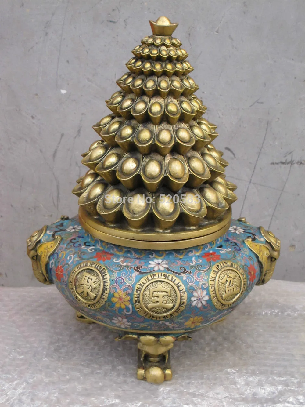 

14"Chinese regius imperial bronze gild Cloisonne Yuanbao hill pot jar censer