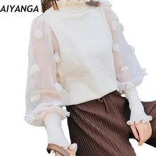 Новые женские вязаные топы с длинными рукавами и сеткой, женские весенние пуловеры со стойкой года, модные повседневные футболки однотонного цвета