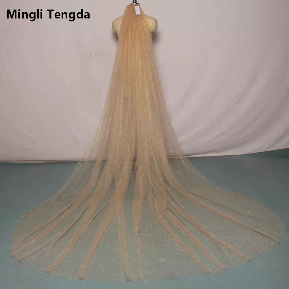 Mingli Tengda Золотая свадебная вуаль цвета шампанского, 3 м, длинная блестящая свадебная вуаль, блестящая акриловая вуаль с металлическим гребнем, аксессуары для невесты