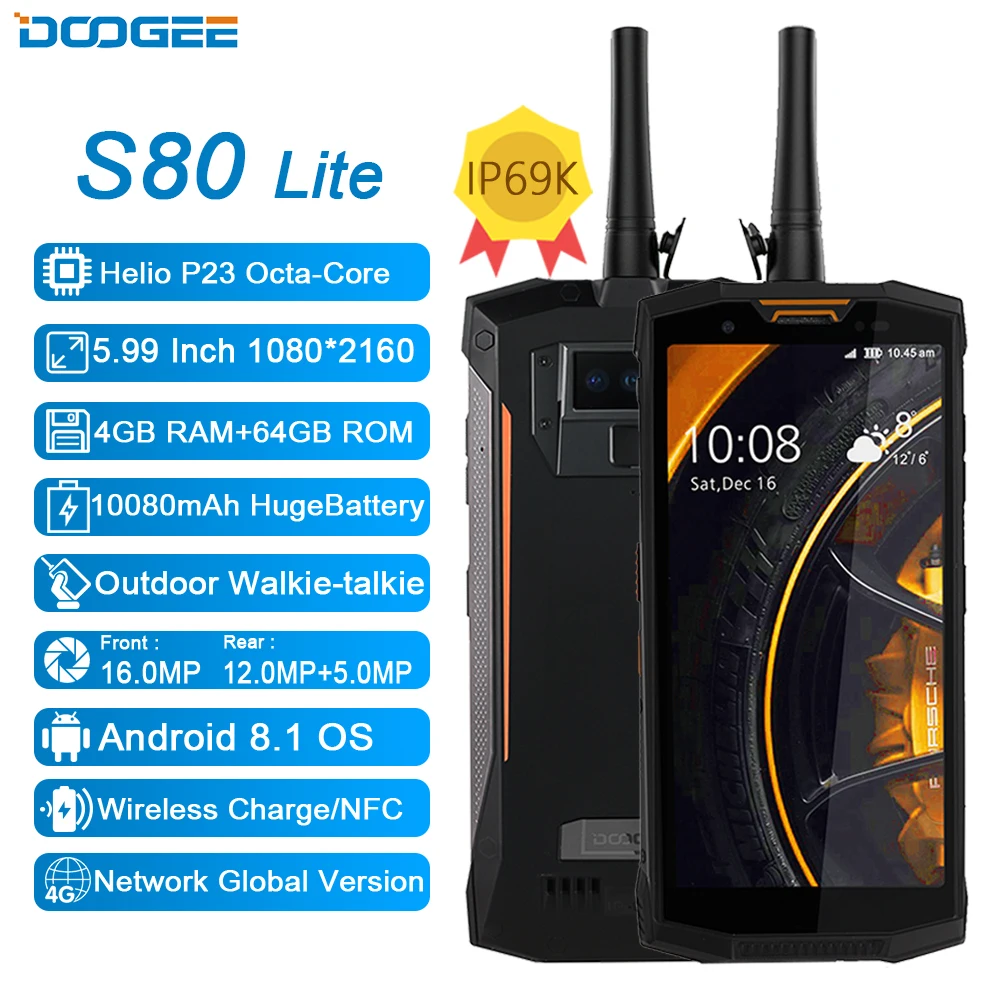 IP68/IP69K портативная рация DOOGEE S80 Lite мобильный телефон Беспроводная зарядка NFC 10080 мАч 12V2A 5,99 FHD Helio P23 Восьмиядерный 4 Гб 64 ГБ